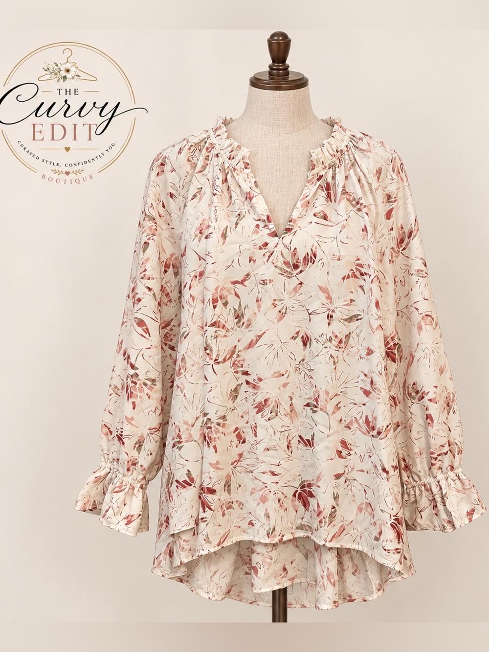Kaari Blue Boho Curvy 3X Ivory Floral Ruffle Neck High Low Tunic Blouse
